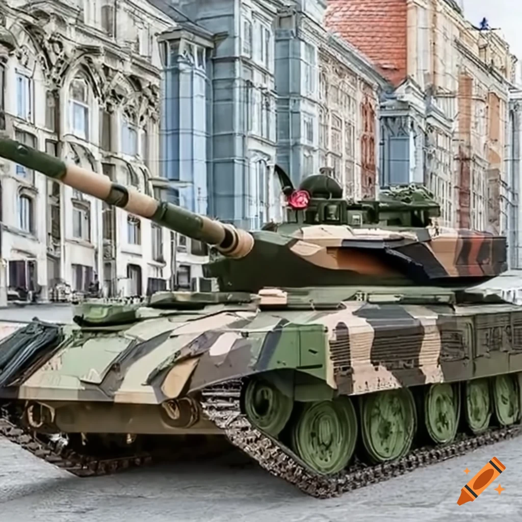 Next-generation T-90 tank with intricate camouflage designs against Moscow cityscape