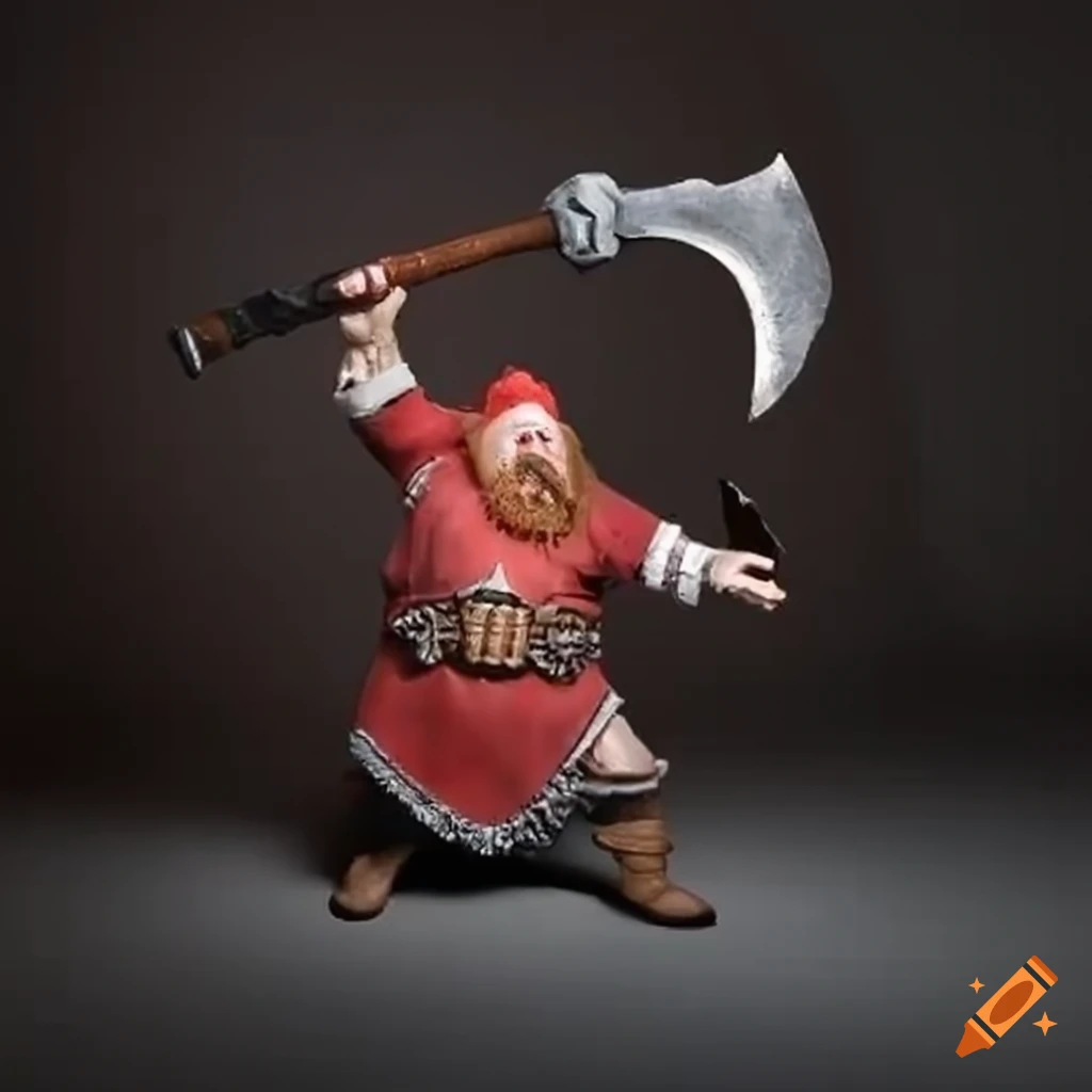 Red armored dwarf with a ruby axe in attacking stance