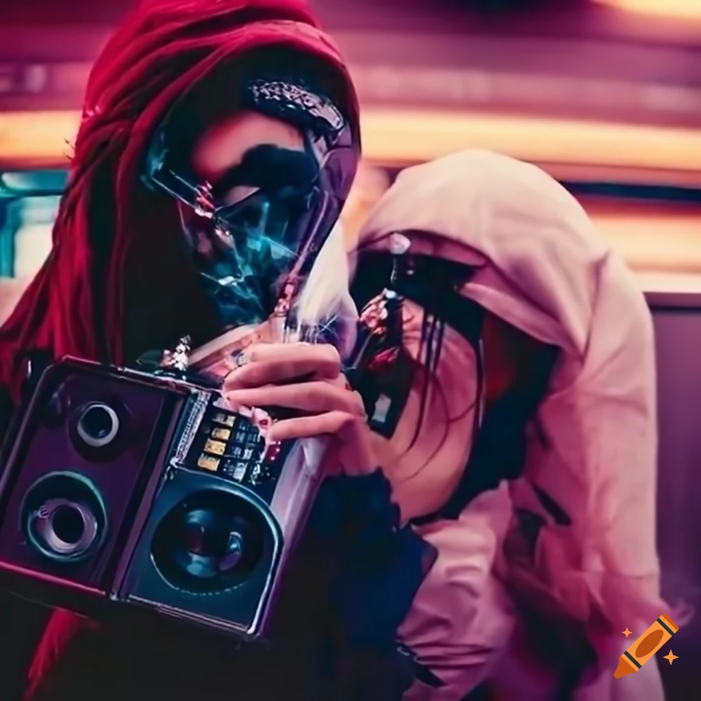Young man and woman in cyberpunk attire with a boombox on a subway