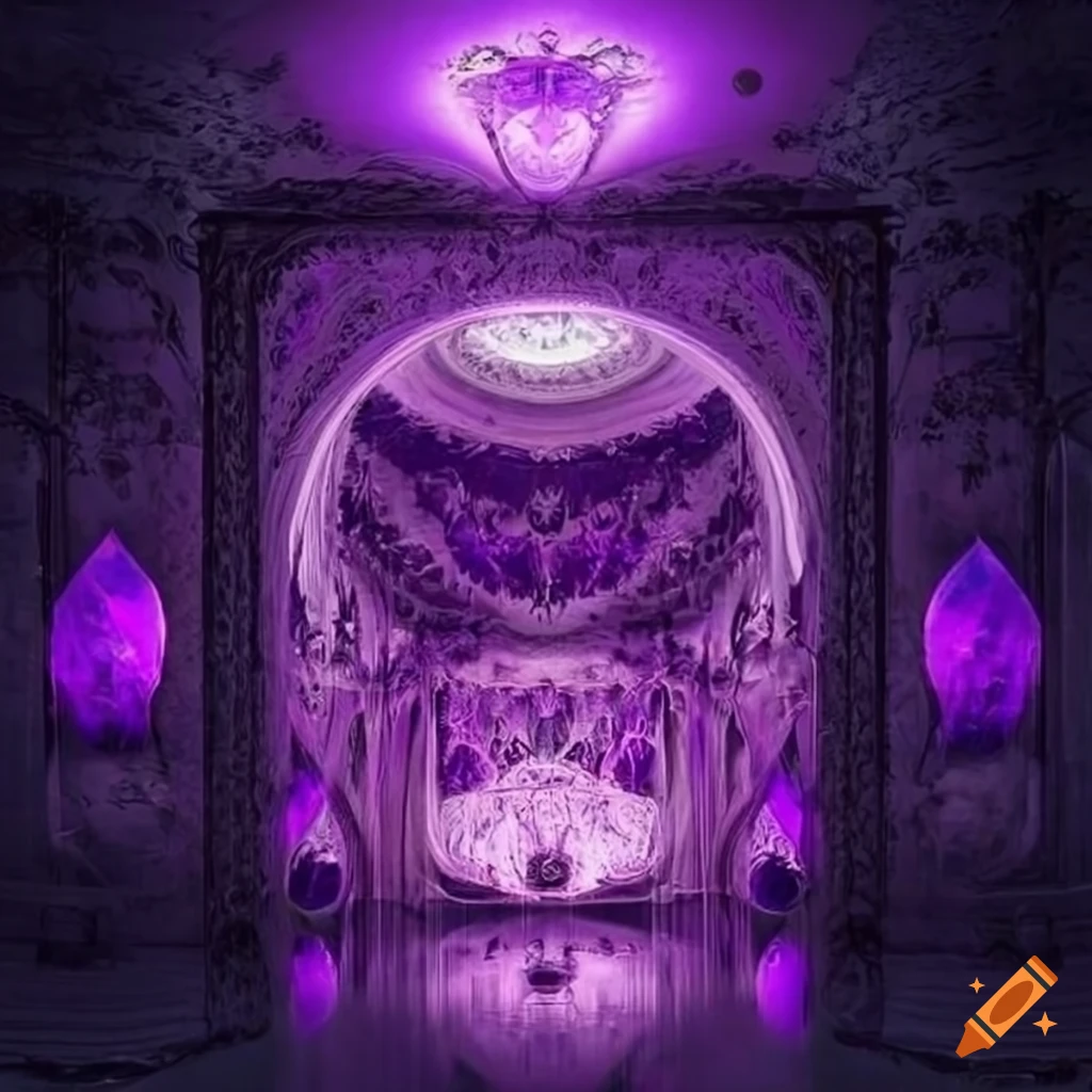 Surreal interior room made of large purple crystal reflecting light