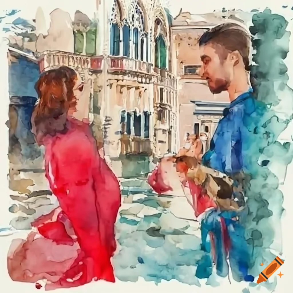 Young man and woman conversing in present-day Venice