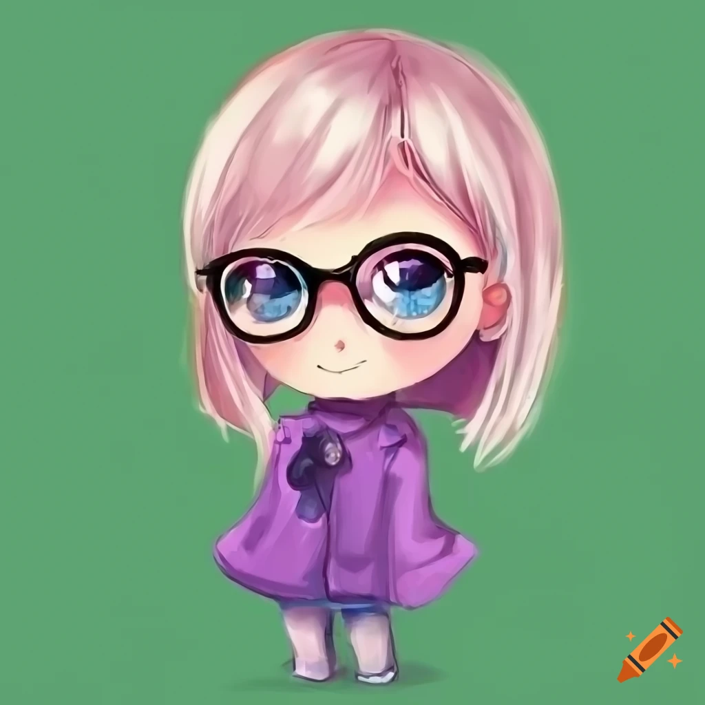 Chibi girl with glasses in an animated painting