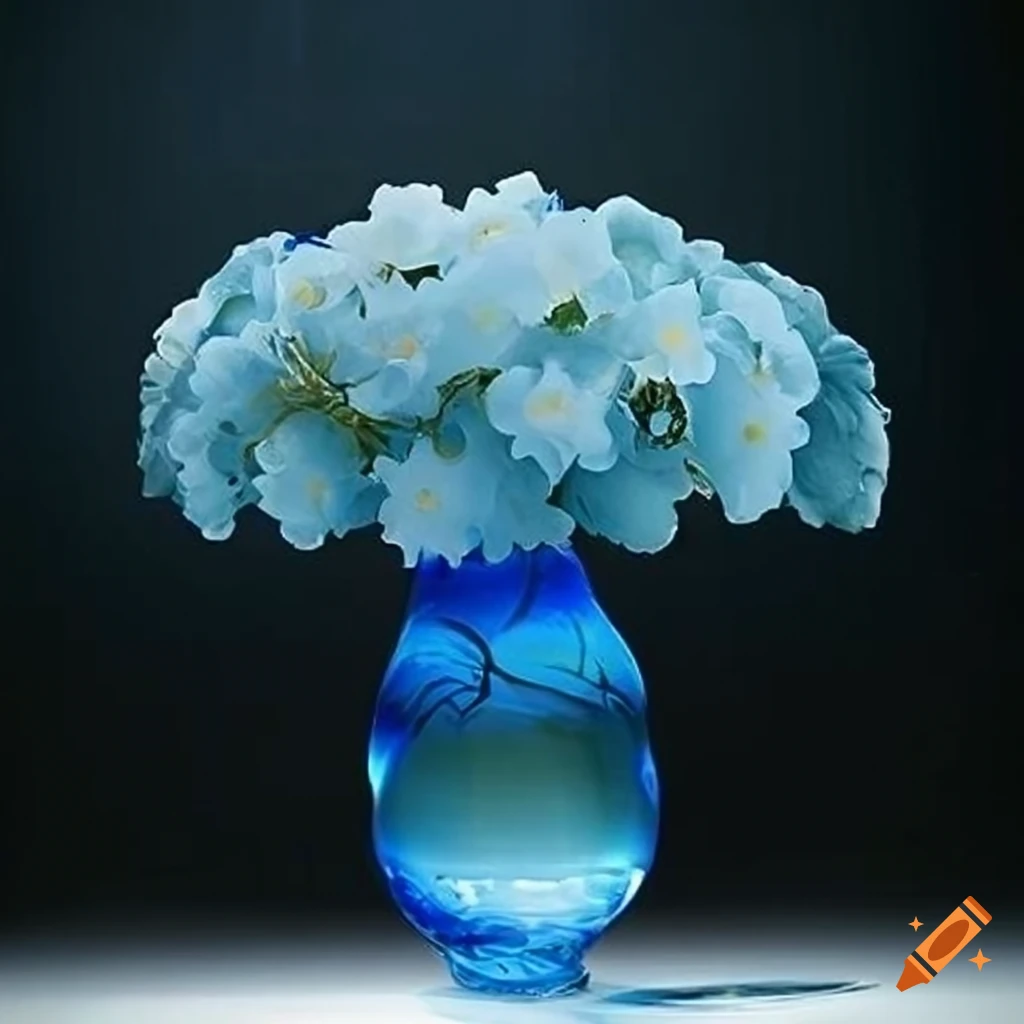 Glass flower with blue blossom and green tears under a glass dome
