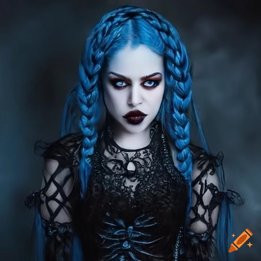 Stunning vampire with blue braids in gothic attire