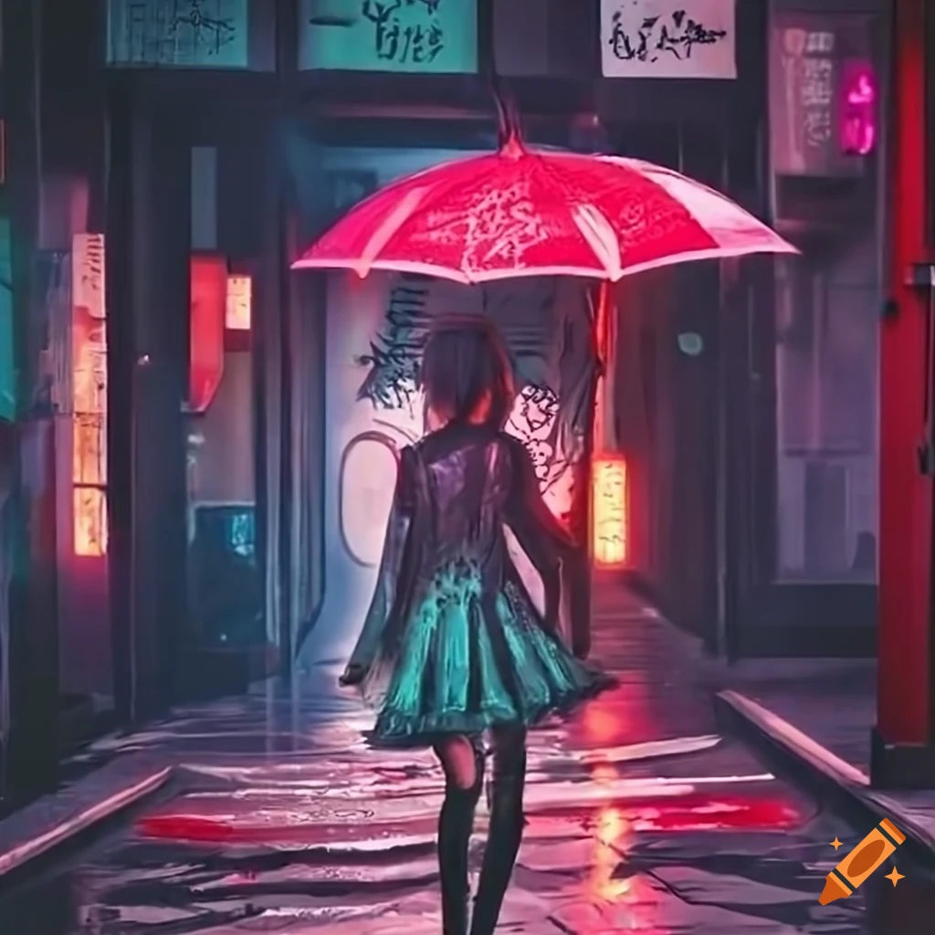 Neon lights in rainy Tokyo streets with people under umbrellas
