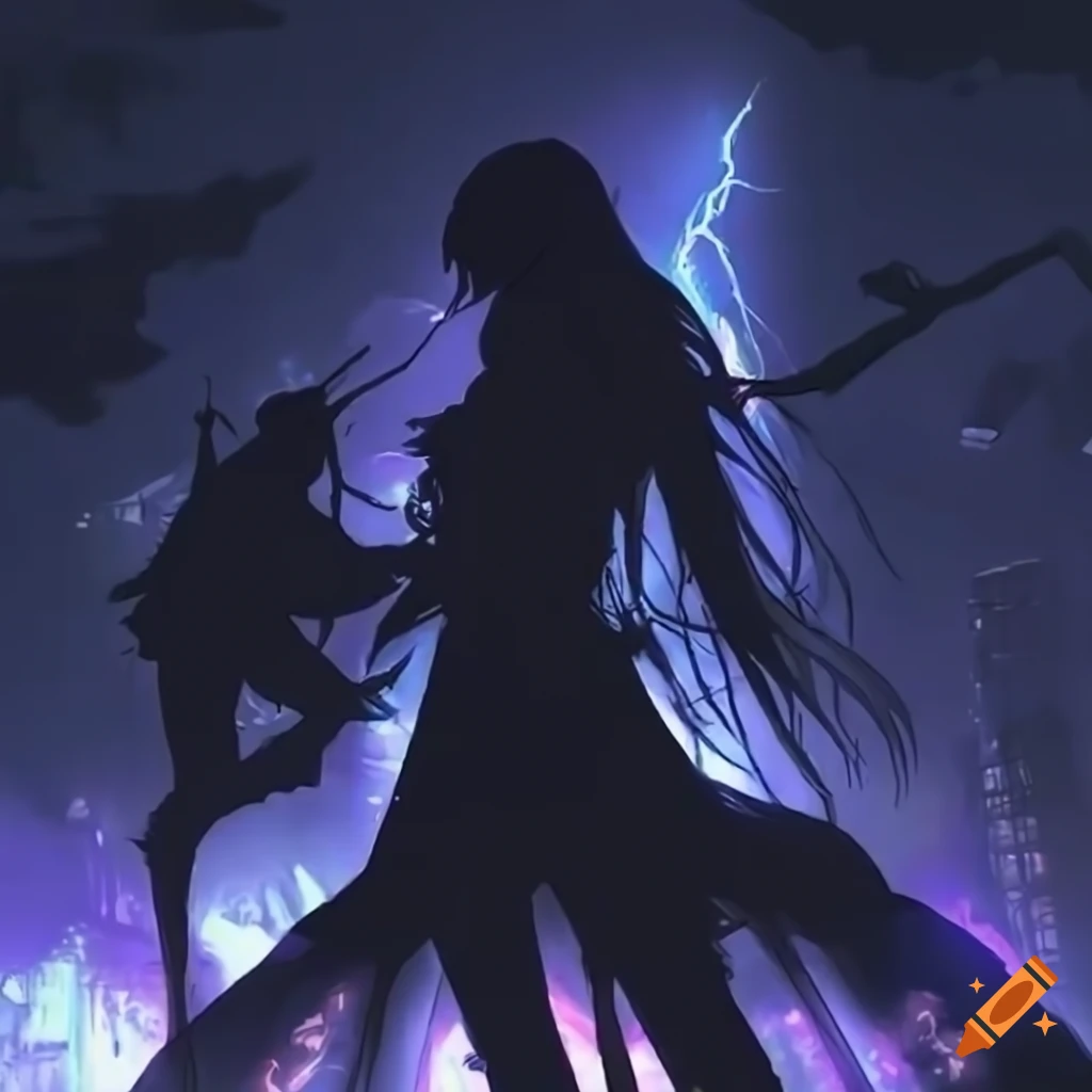 Silhouette of goth holding a lightning axe in an anime apocalypse scene