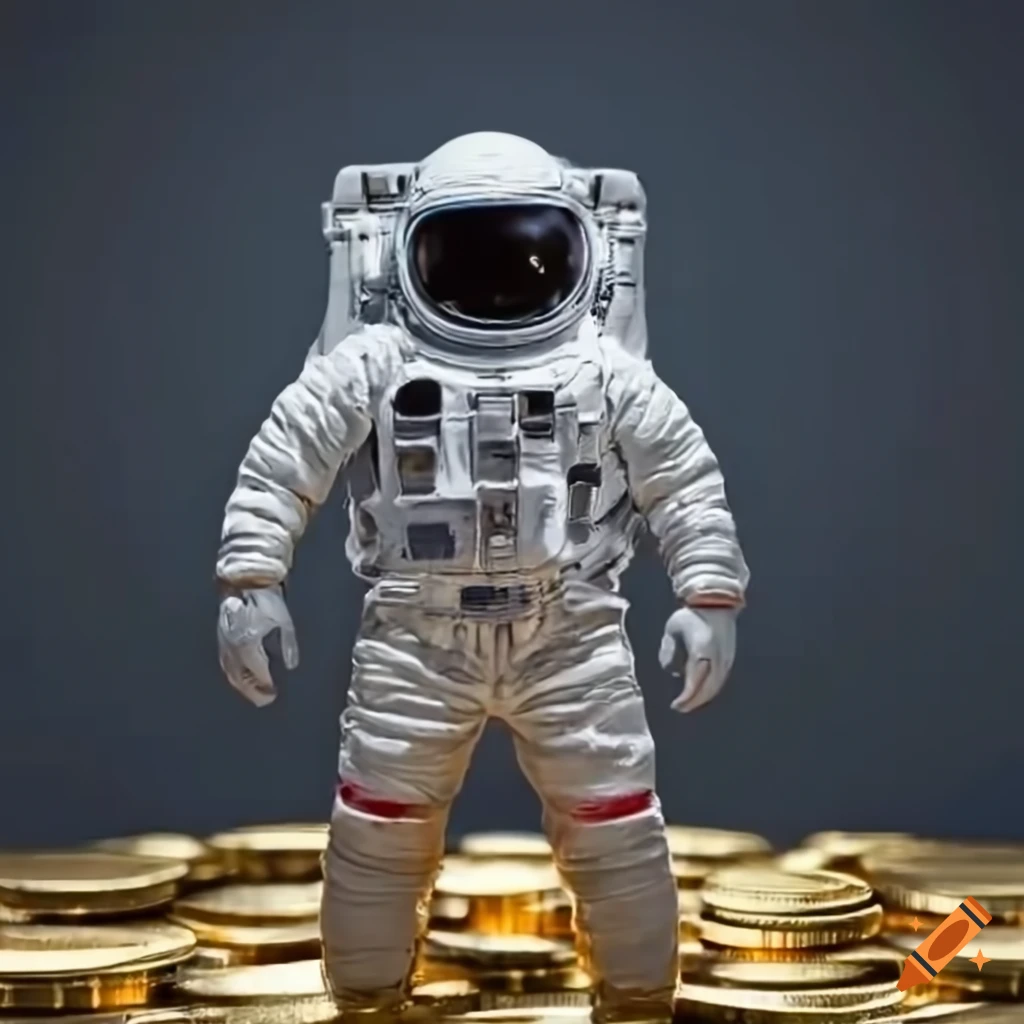 Astronaut standing on a pile of gold coins