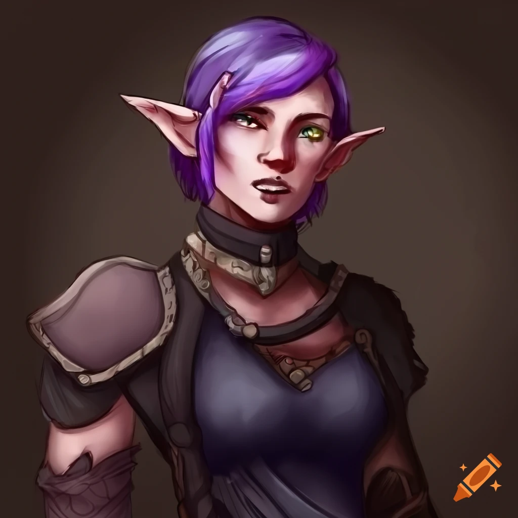 Enchanting half-elf rogue with short violet hair and a scar