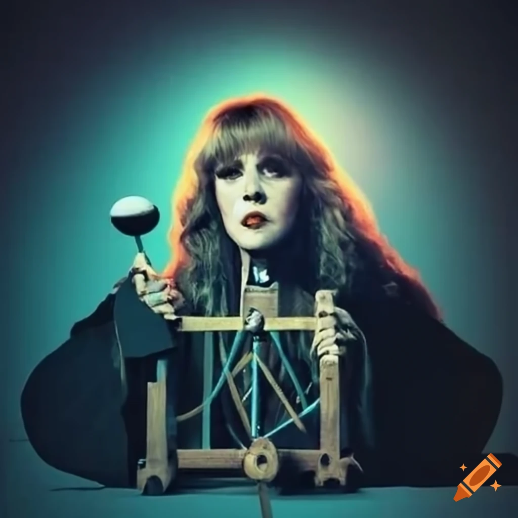 Stevie Nicks constructing a wooden catapult with a stone castle in the background