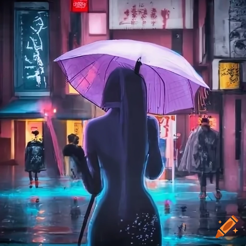 Neon-lit Tokyo streets with people under umbrellas in the rain