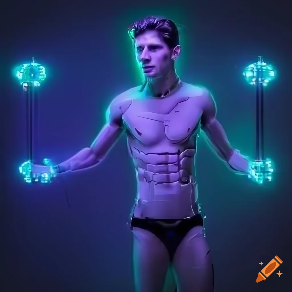 Skinny, handsome 31-year old male cyborg with crystal LED panels in his face