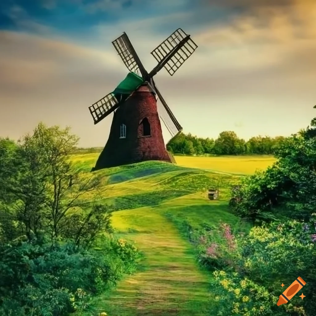 Artistic view of Umbrage Hill's windmill amidst lush greenery