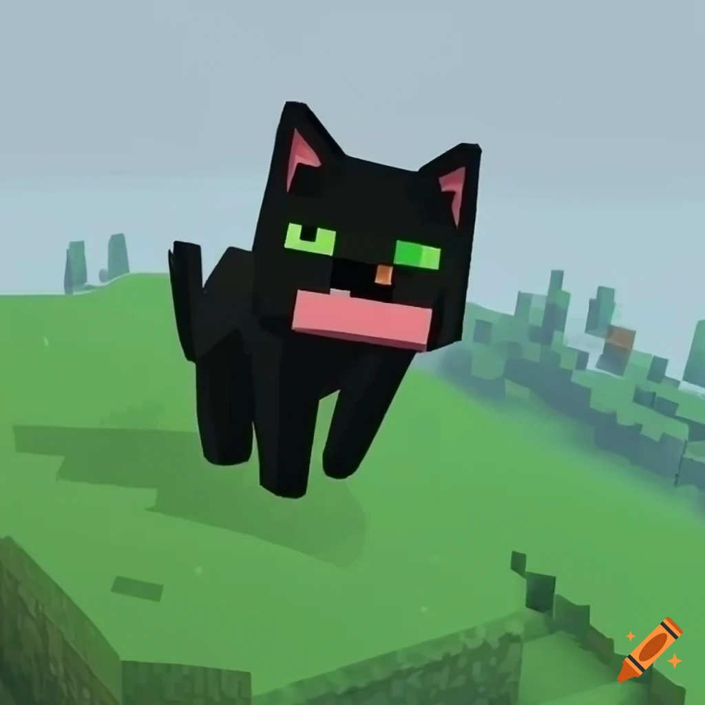 Cute black cat prancing on a hill in Minecraft style