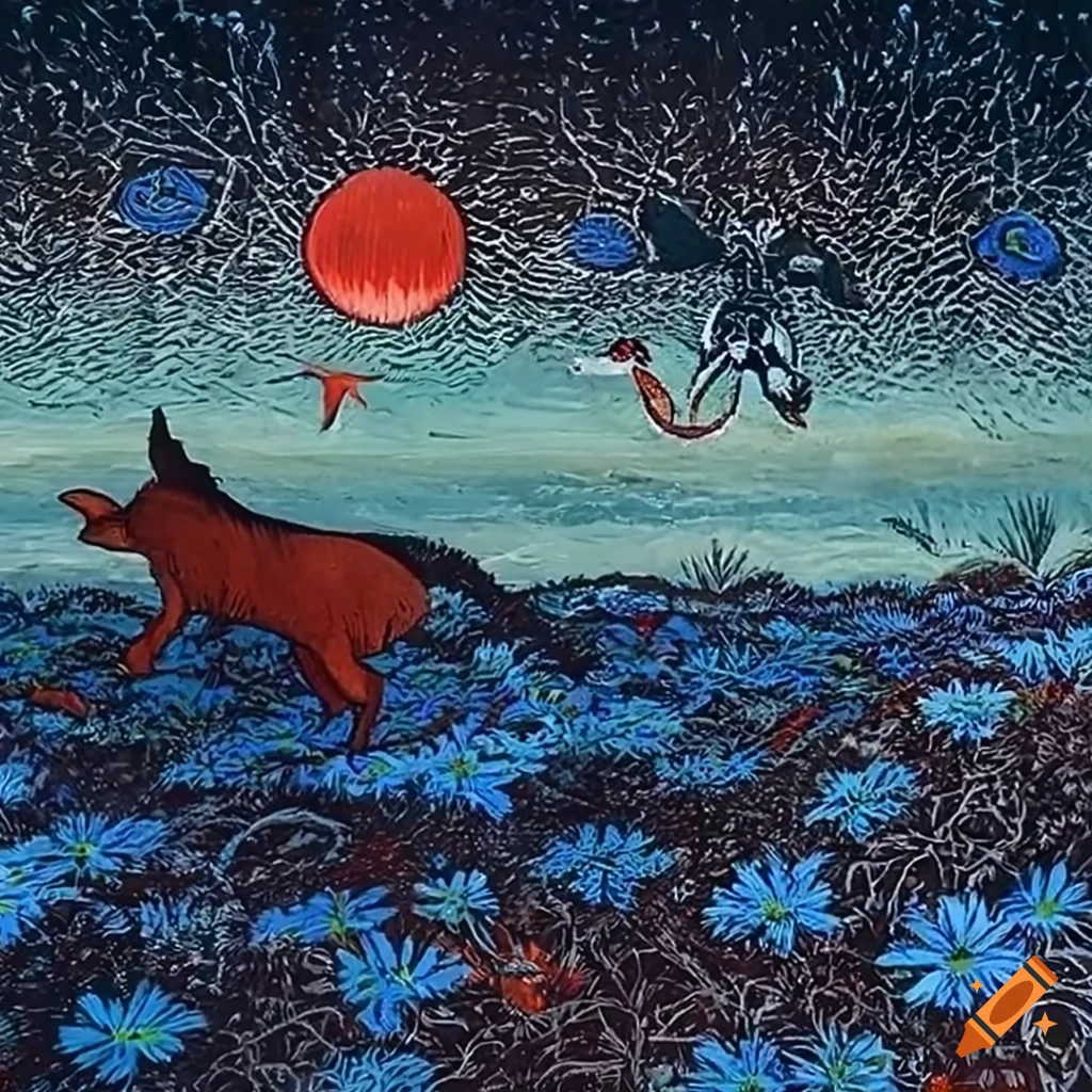 Woodcut of Salish totem animals on a magic flying carpet above a white lace field