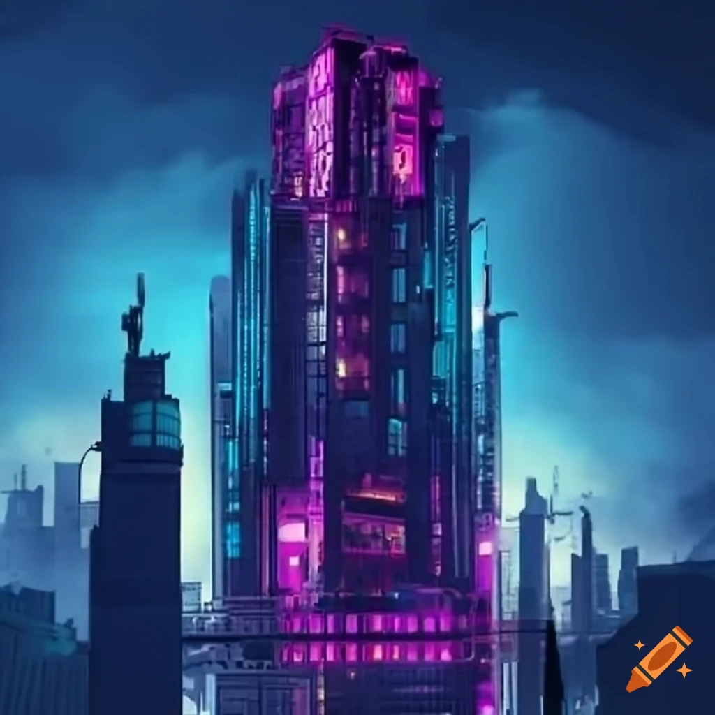 Cyberpunk skyscraper reaching the sky