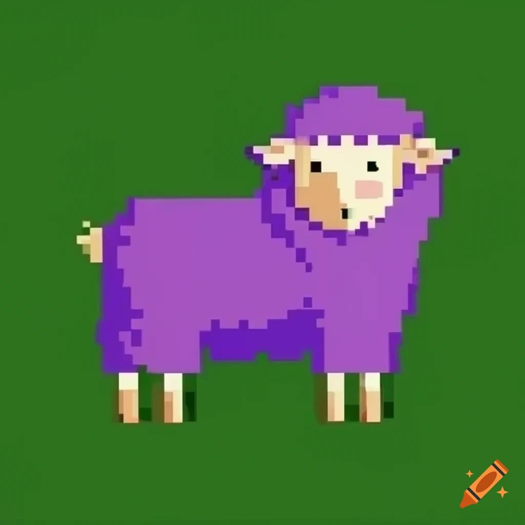 Pixelated purple sheep in green grass cartoon art