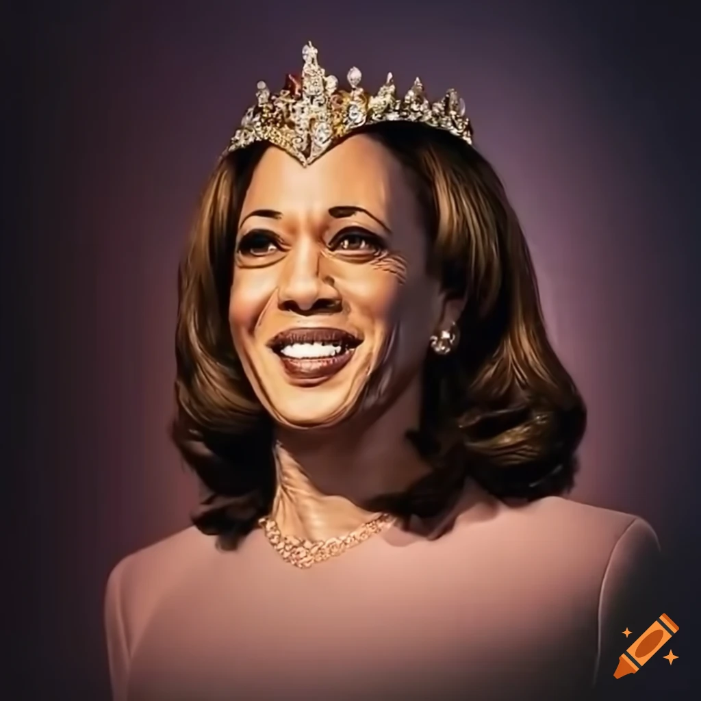 Kamala Harris portrayed as a queen with a crown and elegant attire in hyperrealistic style