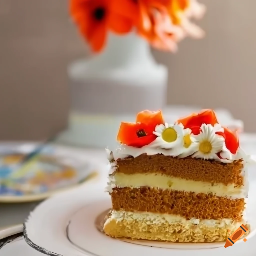 Decorated cake with cream layers, wheat ears, poppies, and daisies