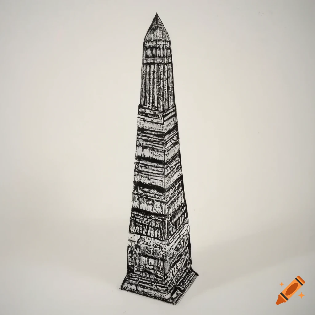 Detailed etching of a row of Egyptian obelisks in high contrast black and white