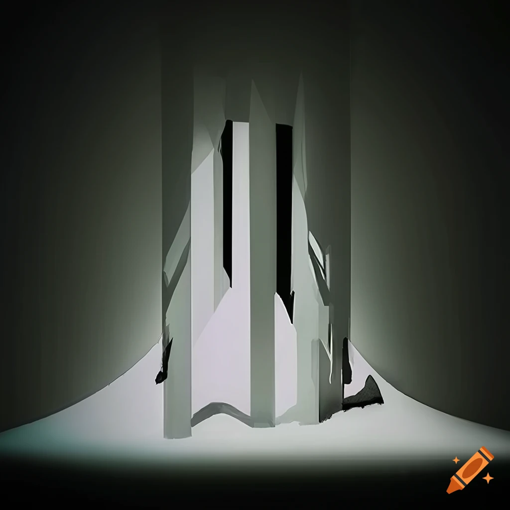 Surrealist monolithic structure partially submerged in mist with soft lighting