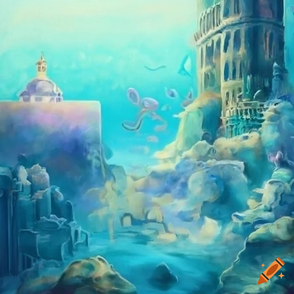 Underwater metropolis with Greek and Roman mythology in pastel tones