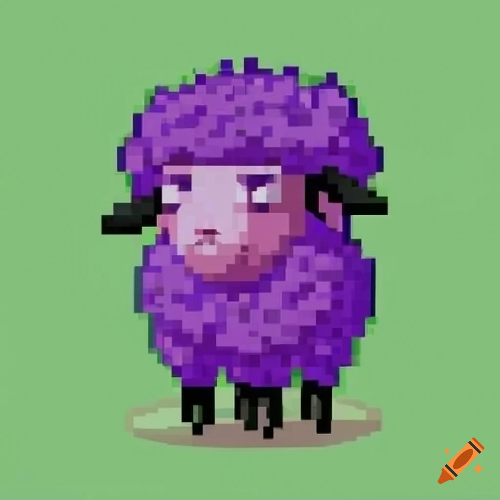 Pixelated purple sheep in graffiti cartoon style on green grass