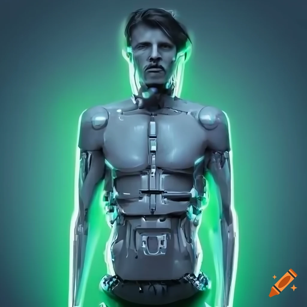 PhotoRealistic image of a handsome 61-year-old male cyborg with green LED skin