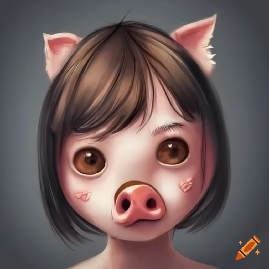 Girl with a pigs nose emoji, straight dark brown hair and brown eyes