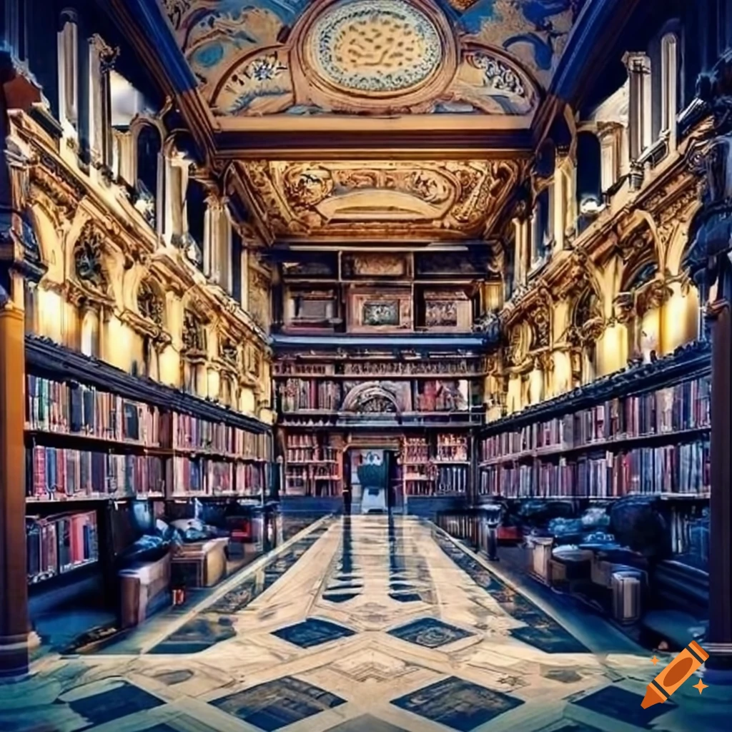 Impressive multi-floor library hall with white and blue architecture