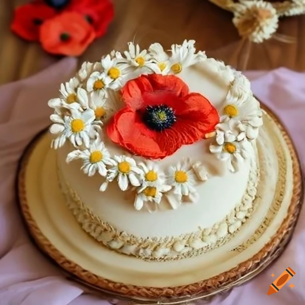 Floral-themed cake with wheat ears, poppies, and daisies embroidery featuring a woman's photo as centerpiece