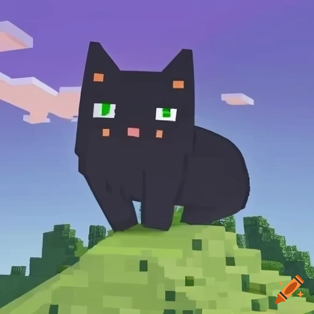 Cute black cat prancing on a hill in Minecraft style