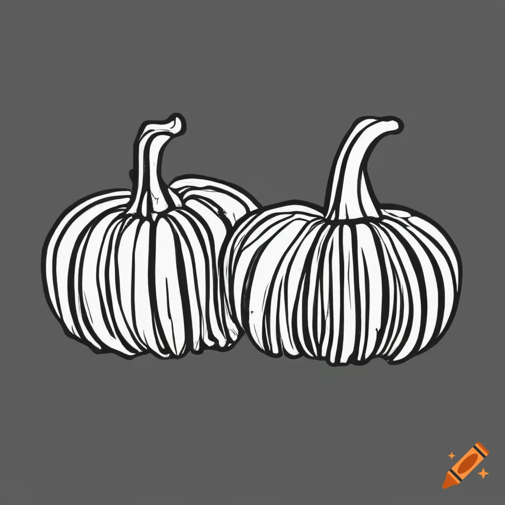 Black and white coloring book page with two pumpkins in simple line art