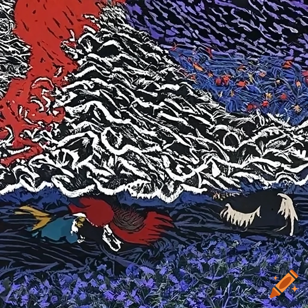 Woodcut of Salish totem animals on a magic flying carpet above a white lace field