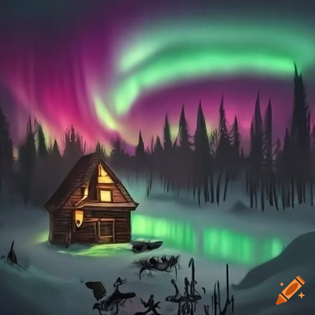 Cozy home with northern lights and animals