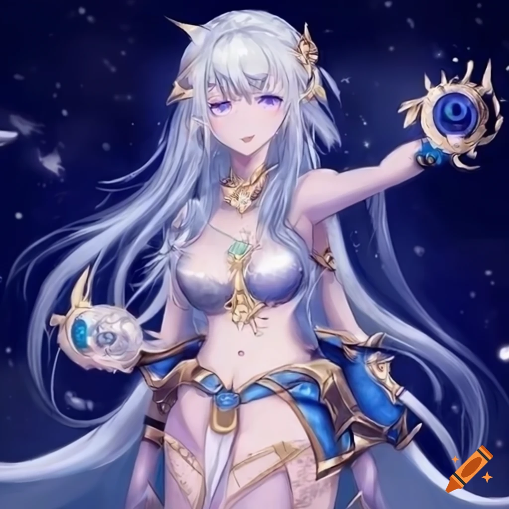 Anime goddess warrior under the crescent moon in moonlight