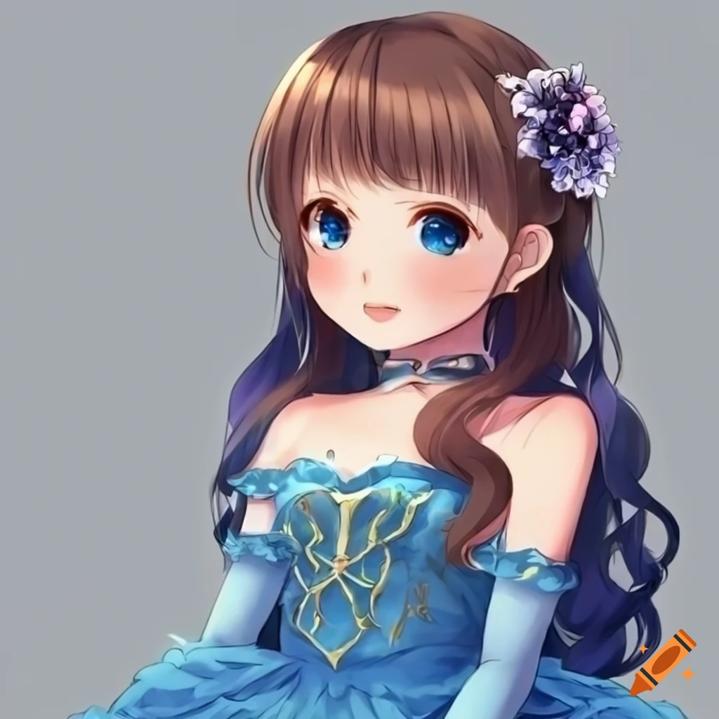 Cute anime princess in blue dress with brown hair portrait