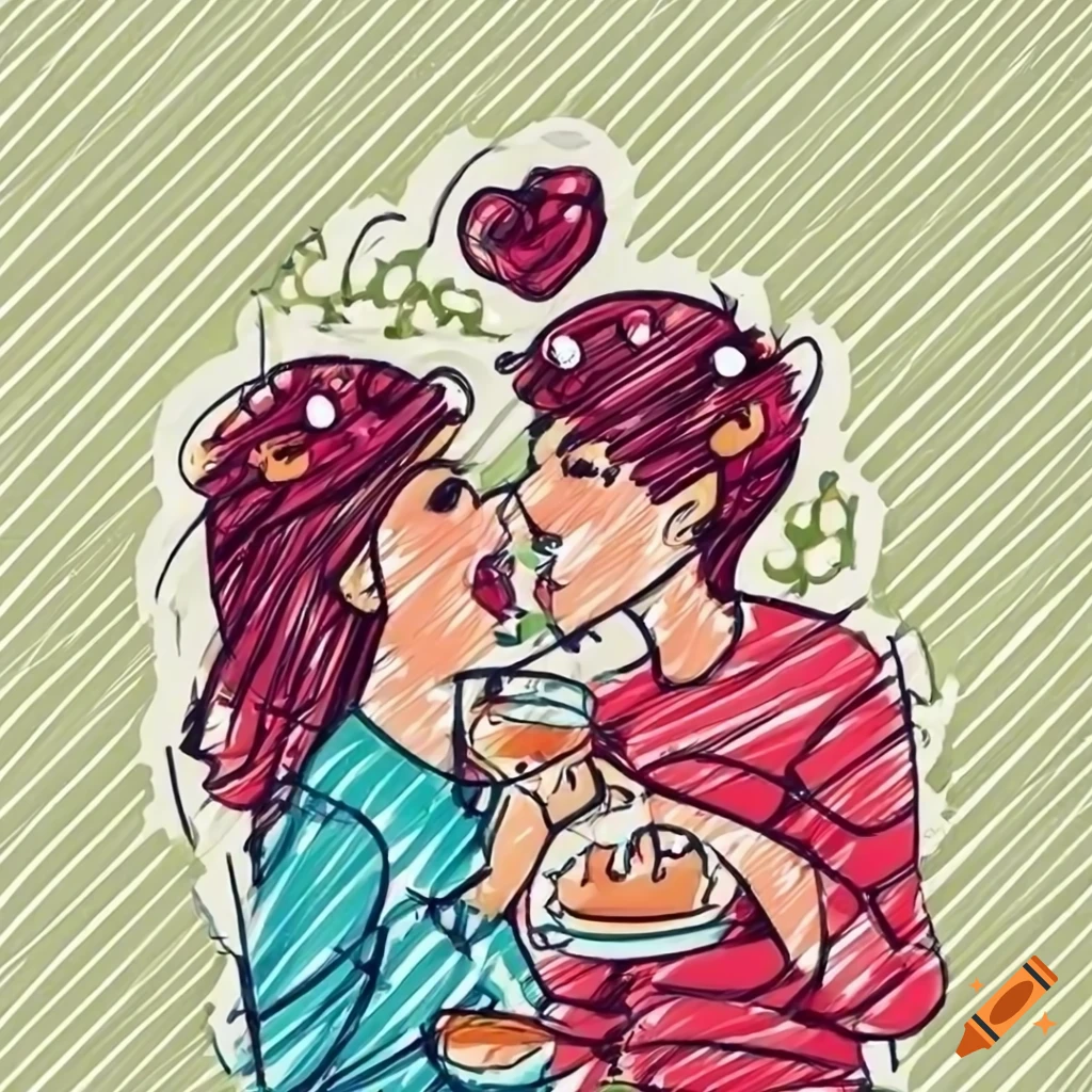 Cute couple eating together in a doodle style