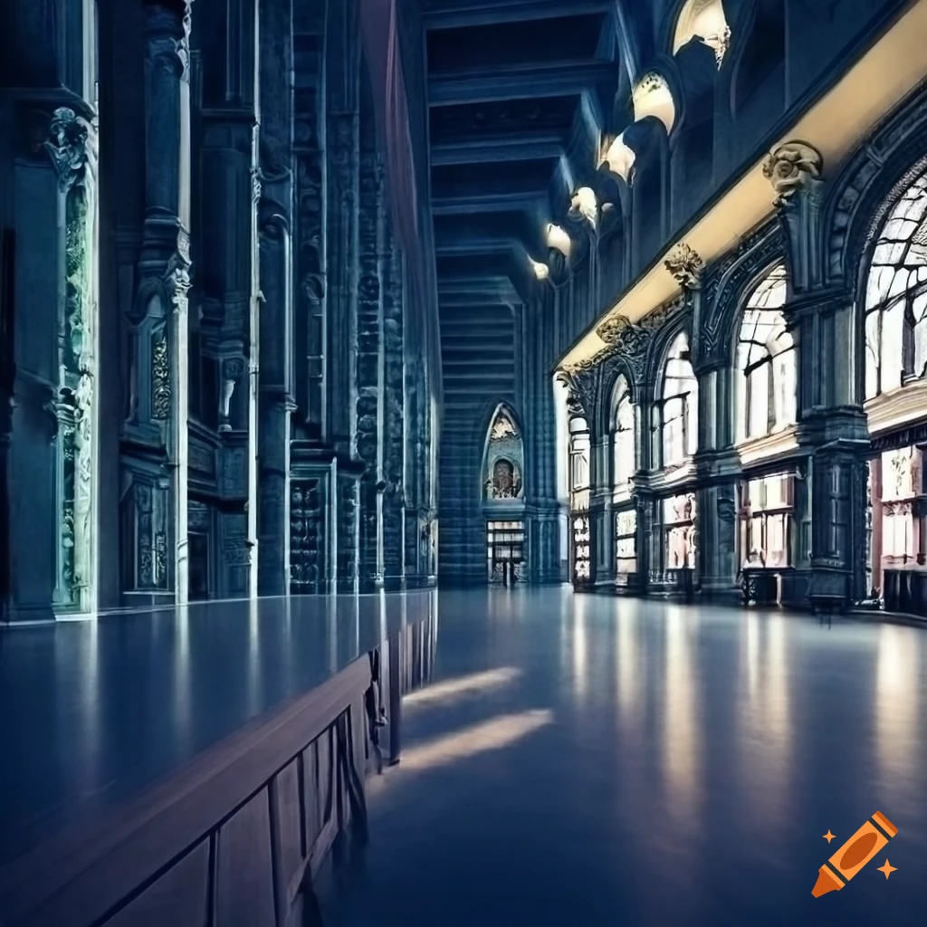 Impressive multi-floor library hall with white and blue architecture