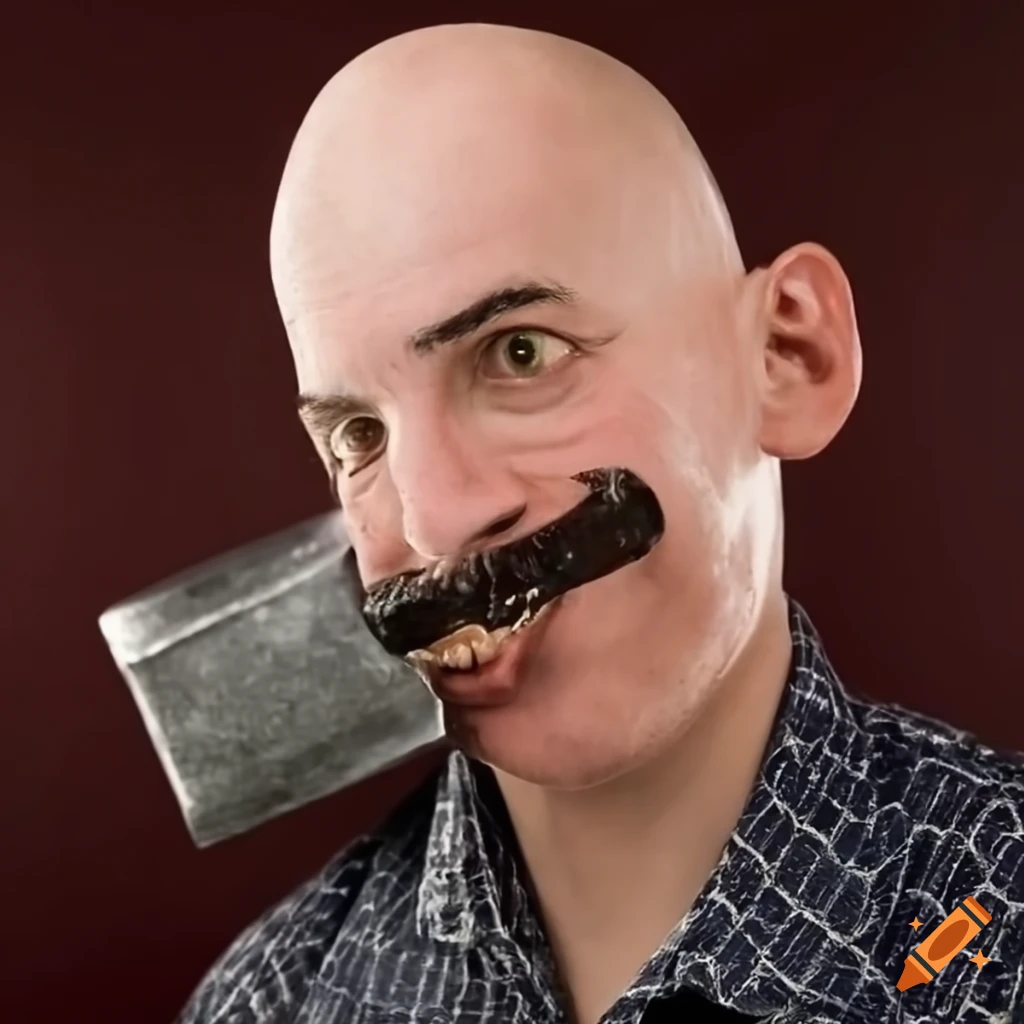 Strange bald man with long head holding a metal ingot