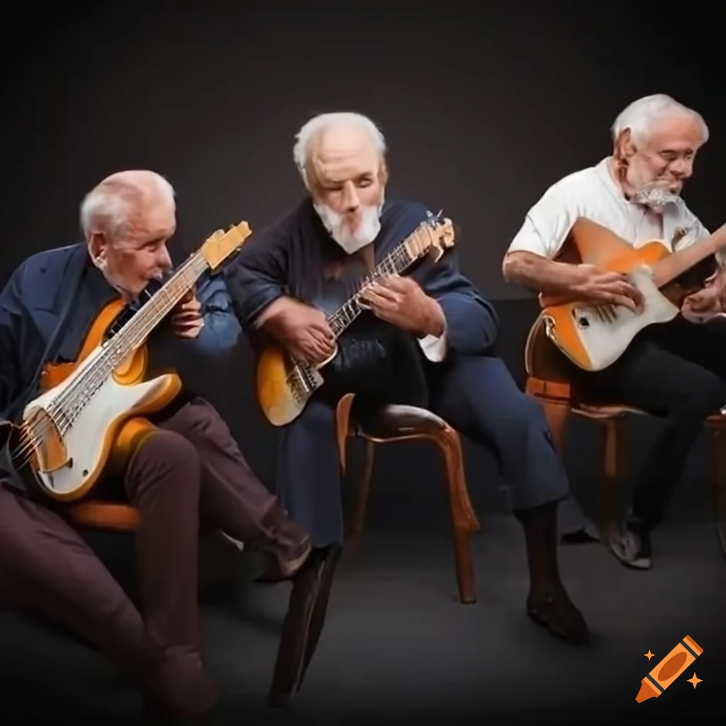 Three elderly men playing electric guitars