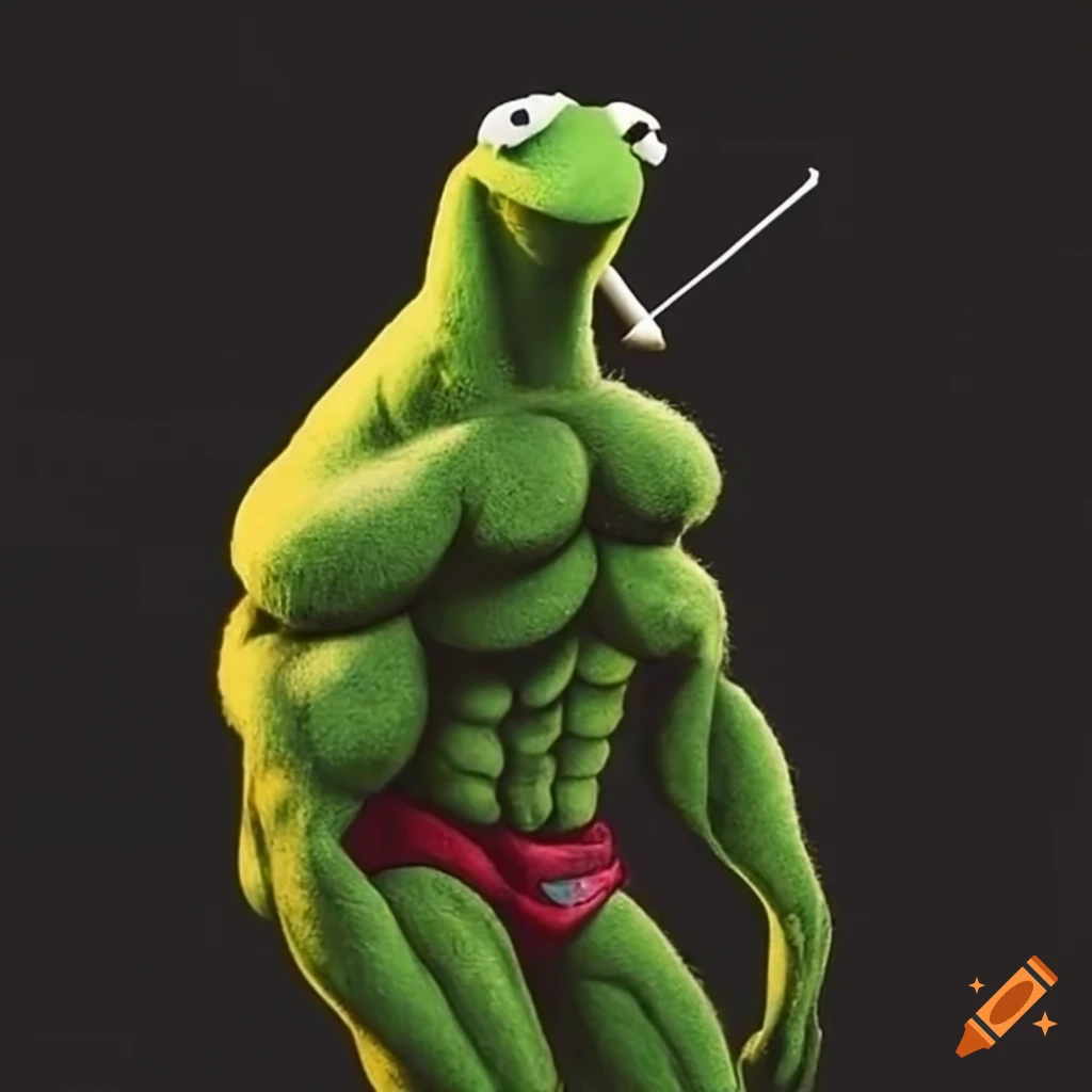 Muscular Kermit smoking a cigarette on Craiyon
