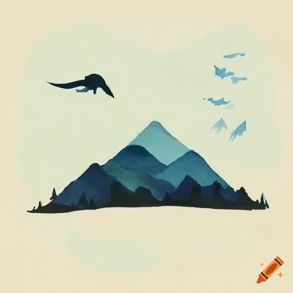 Landscape with distant mountains, flat design, house, flying birds, and detailed trees