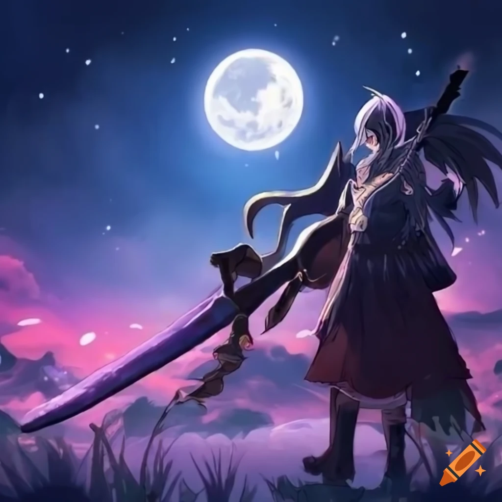 Warrior characters facing off under a crescent moon in moonlight