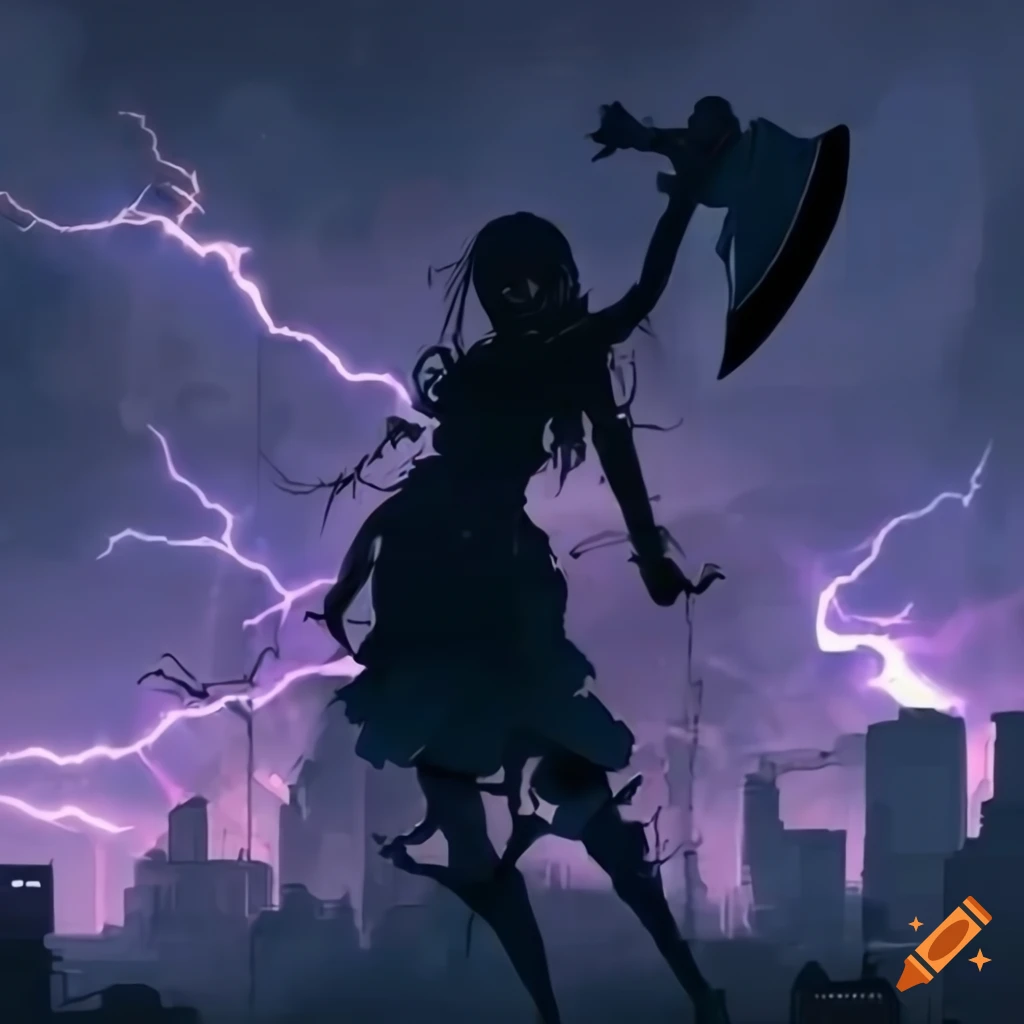 Silhouette of goth holding a lightning axe in an anime apocalypse scene