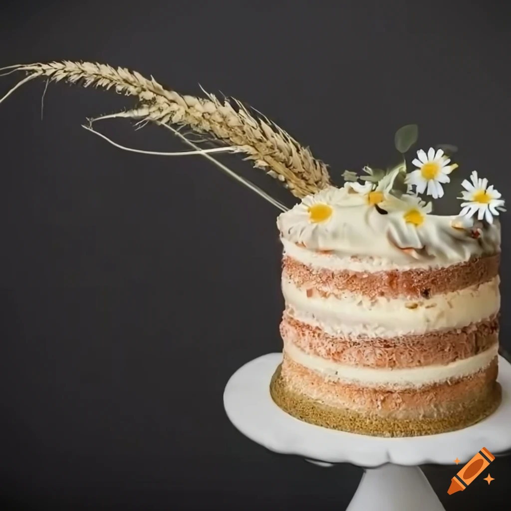 Decorated cake with cream, wheat ears, poppies, daisies, and woman picture