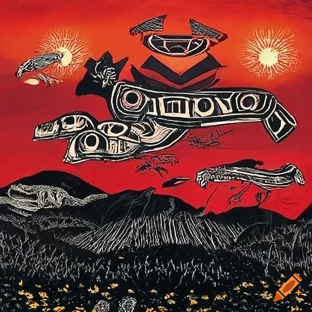 Woodcut print of Salish totem animals on a magic flying carpet through radiant clouds above a glowing field