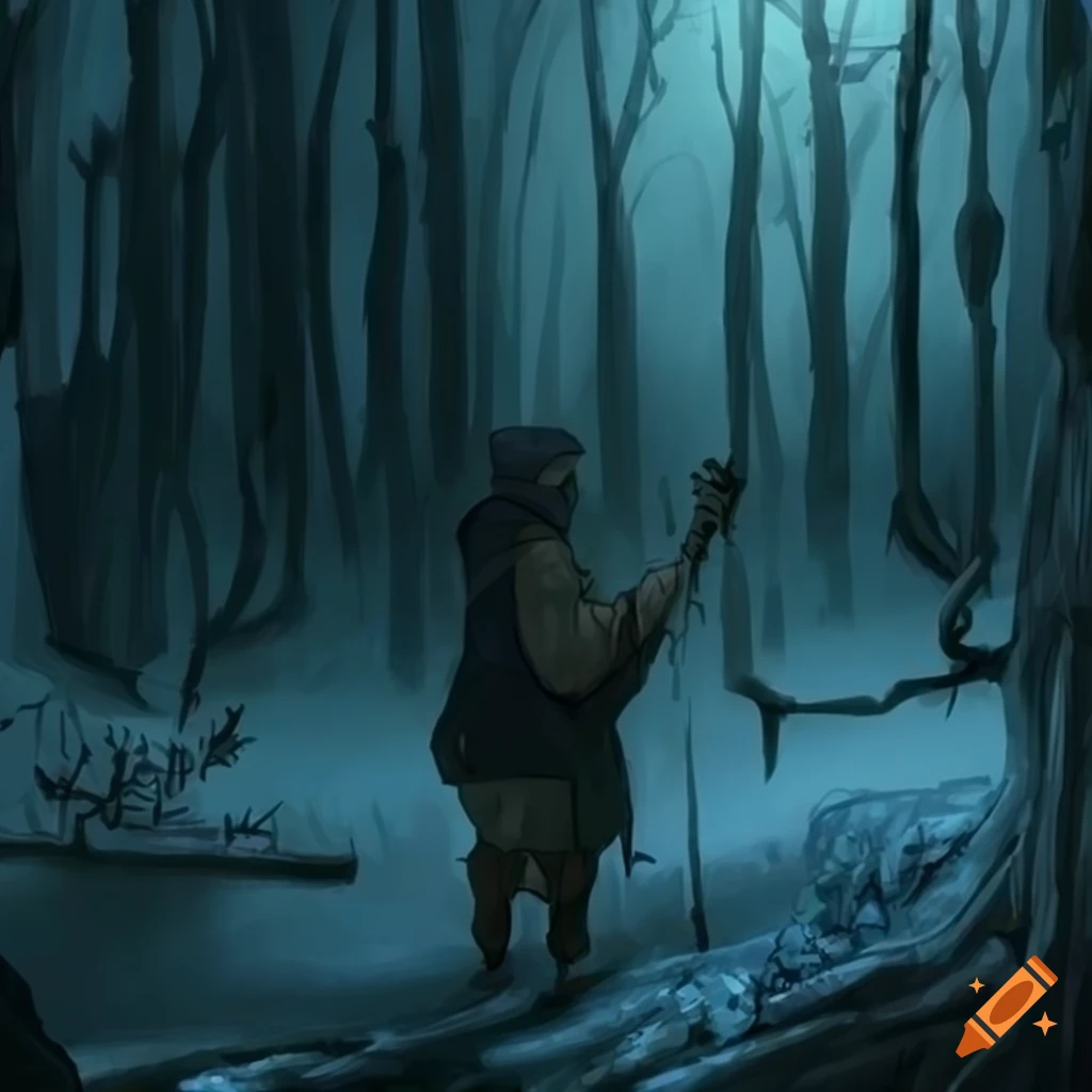 Scout exploring a frozen forest in fantasy art style