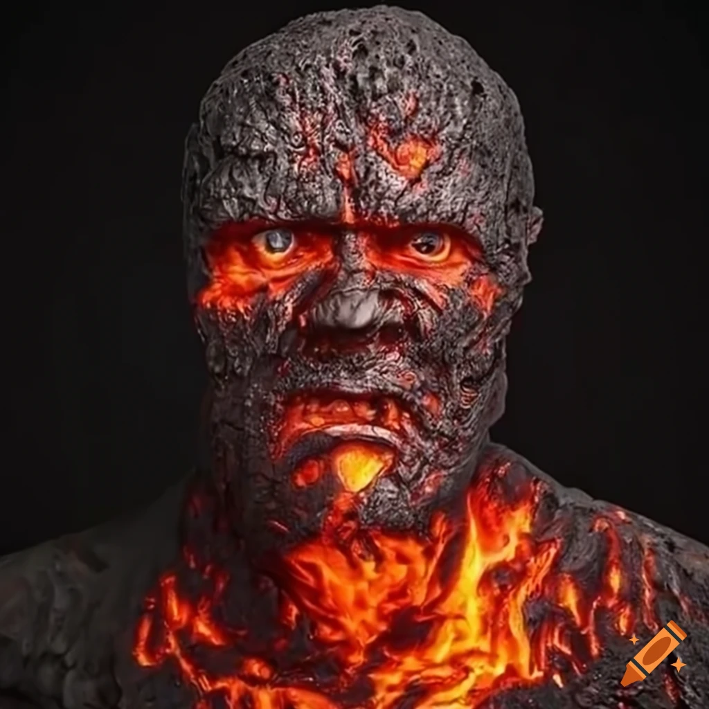 Hyper-realistic serious face sculpture made from hot lava