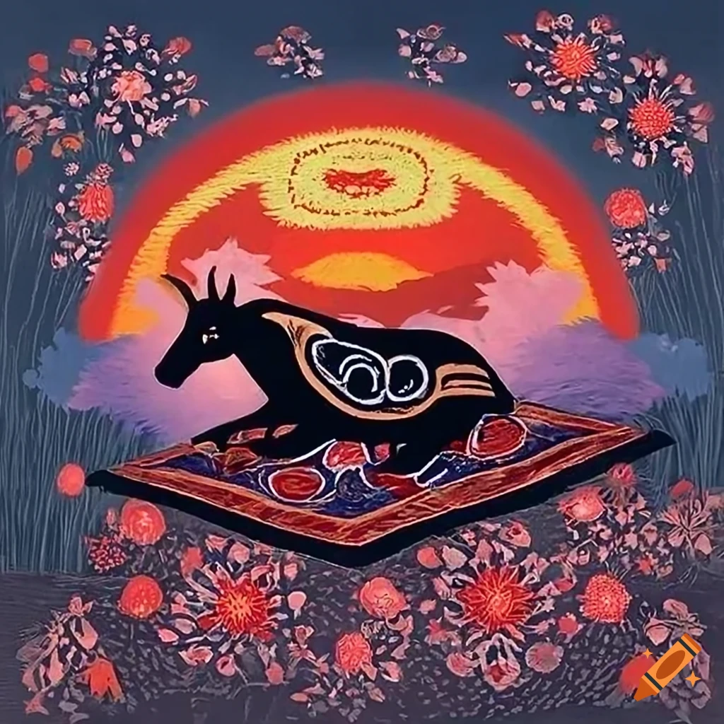 Woodcut print of Salish totem animals on a magic flying carpet through radiant clouds above a glowing field