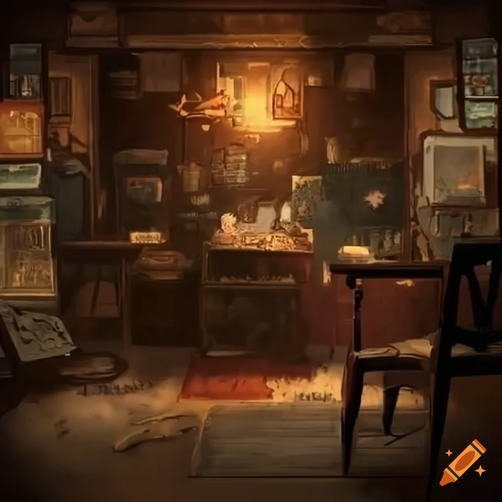 Antique pawnshop interior view behind owner's desk in Disco Elysium art style
